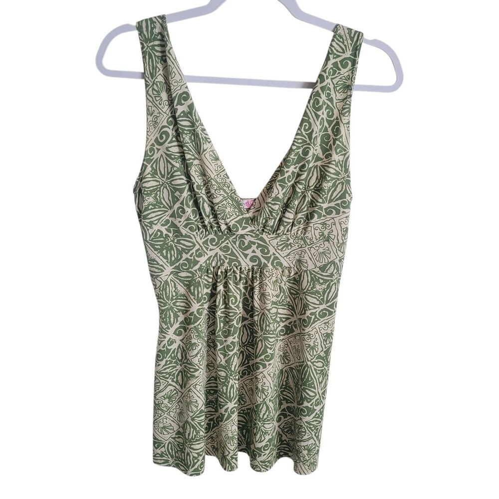 Body Central Y2K Babydoll Tank Top Women's Size Medium Green Tropical Boho Beach